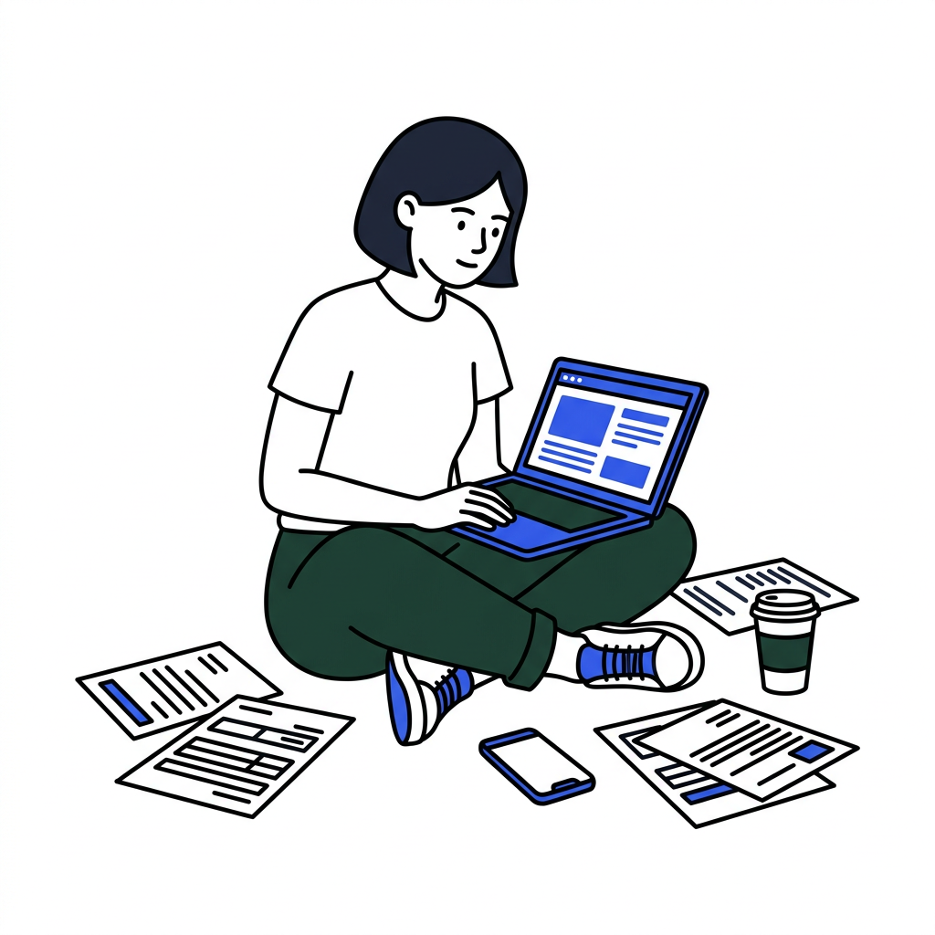 Illustration of a final-year student on the floor with a laptop, papers, a phone, and a coffee cup, juggling several job applications